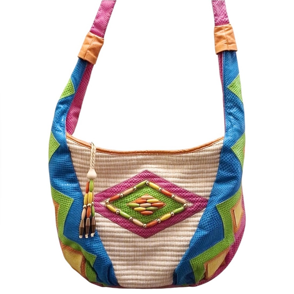 Sharif vintage pink green yellow orange cream leather woven western hobo bag